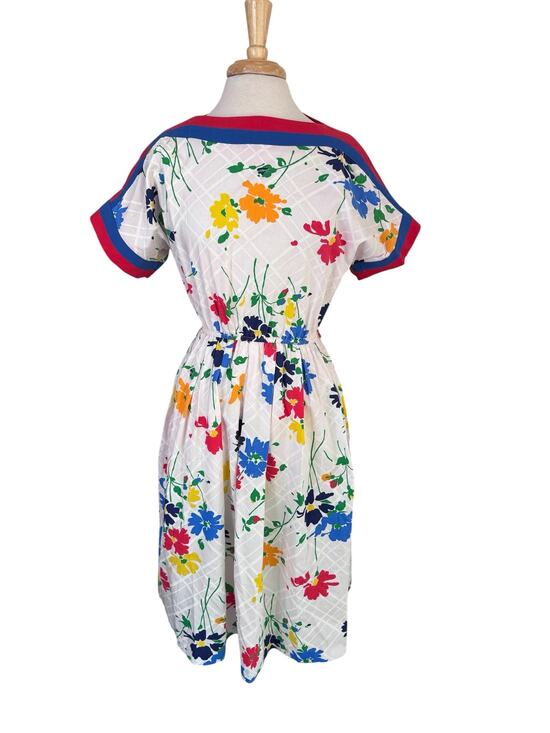 Vintage Dresses & Skirts - Vintage ‘70s ‘80s Bright Floral Midi Dress Size 12 SANS ÂGE Red Blue White Green